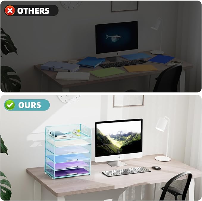 Marbrasse 2 Pack Desk Organizer with Handle, 6 Tier Paper Letter Tray, Mesh Desk File Organizer for Office, School and Home - Blue