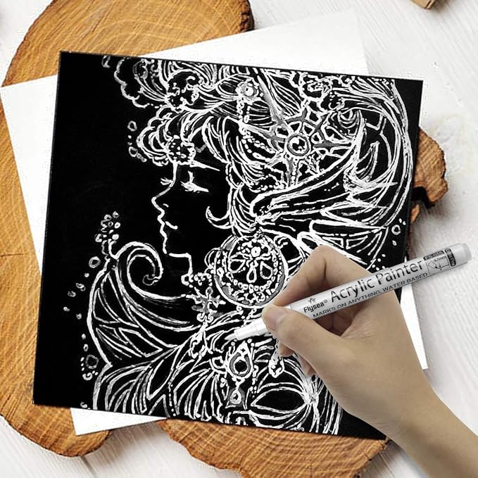 NAWOD Paint Pens White Black Acrylic Marker 6 Pack, Acrylic Permanent Marker, White Paint Pens for Rock Ceramic Wooden Leather Glass Painting Metal Tire, 0.7mm Extra Fine Point Quick Drying