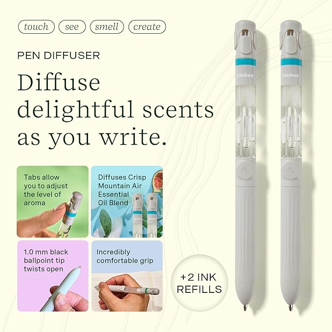 Lifelines Pen Diffuser Set, 2-Pack (Crisp Mountain Air) - 1mm Black Ballpoint Pens with Scented Essential Oil Blends – Aromatherapy Diffuser & Sensory Immersion Diffuse Aroma
