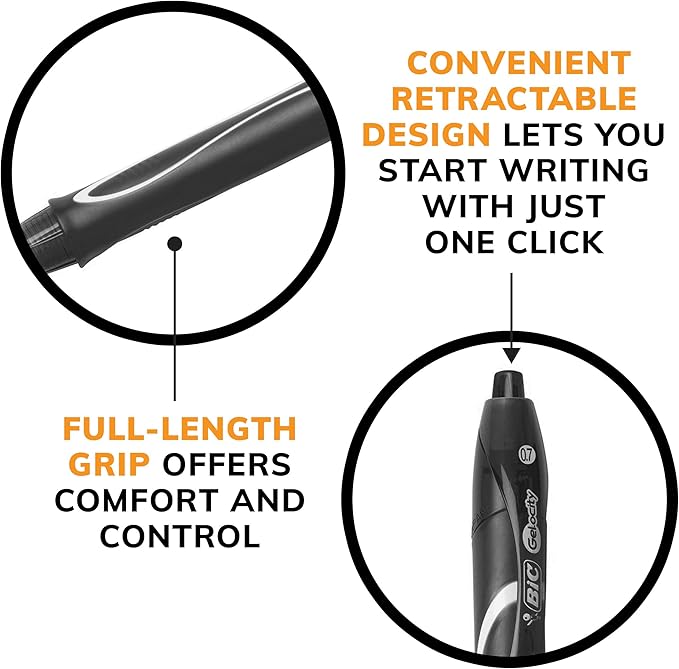 BIC Gelocity Quick Dry Black Gel Pens, Medium Point (0.7mm), 12-Count Pack, Retractable Gel Pens With Comfortable Full Grip