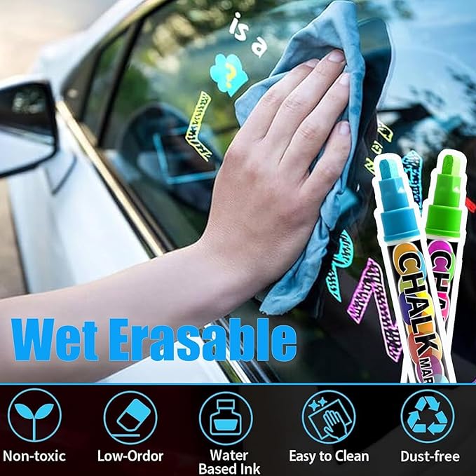 Window Chalk Markers for Cars Glass Washable, 8 Colors Jumbo Liquid Chalk Marker Pens with 15mm 3 in 1 Nib Wide Tip, Chalkboard Markers Car Window Paint Pen for Auto, Mirror, Poster, Business