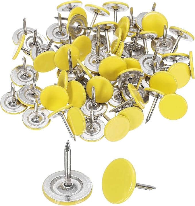 uxcell 120Pcs Push Pins, 11mmx13mm Round Flat Head Decorative Thumb Tacks Upholstery Tacks for Cork Board Office Wall Hangings, Yellow