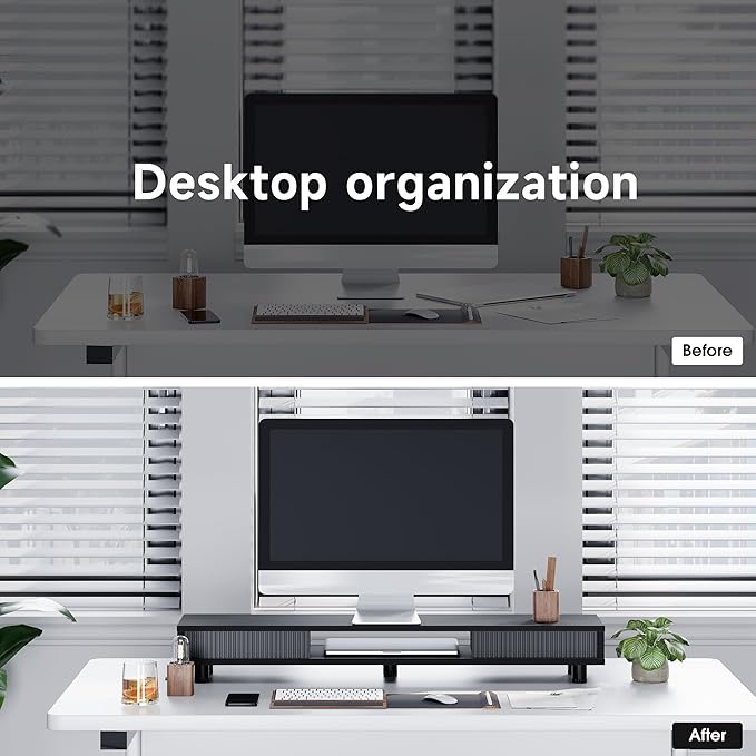 Fenge Dual Monitor Stand, 42.5inch Long Monitor Stands Riser for 2 Monitors, Sliding Door with Storage Organizer Stand for Desk, 2 Tier Desk Shelf for Laptop, Pc, Printer, Computer, TV