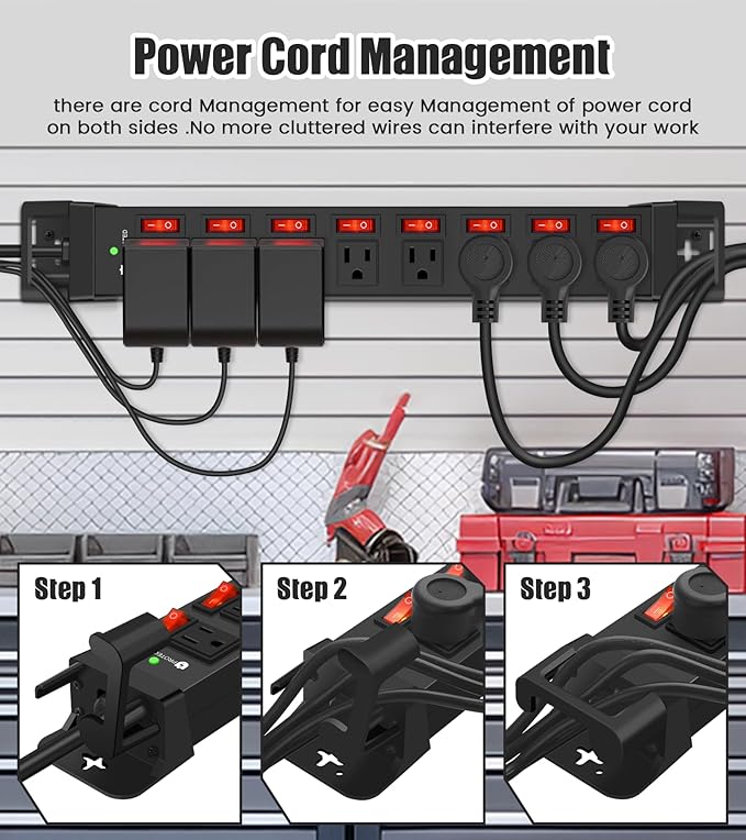 Heavy Duty Power Strip with Individual Switches,8 Outlets 14 Gauge Industrial Shop Garage Metal Multiple Outlets,1200J Surge Protector Mountable Power Strip,6FT Extension Cord Management(Black)