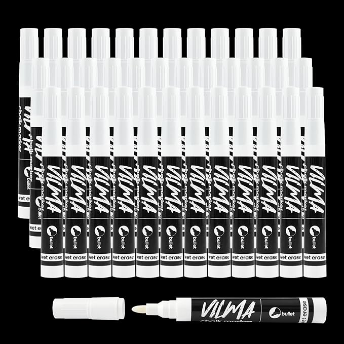 VILMA White Liquid Chalk Markers 36 Pack Chalk Pens for Blackboard, Chalkboard, Windows, Glass, LED Board, Bistro Signs – Erasable Water-Based Ink Ideal for Teachers, Artists & DIY Projects