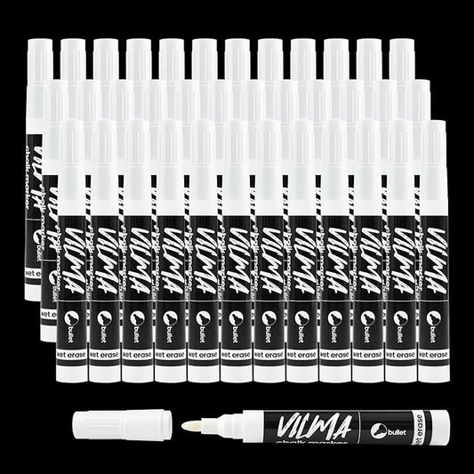VILMA White Liquid Chalk Markers 36 Pack Chalk Pens for Blackboard, Chalkboard, Windows, Glass, LED Board, Bistro Signs – Erasable Water-Based Ink Ideal for Teachers, Artists & DIY Projects