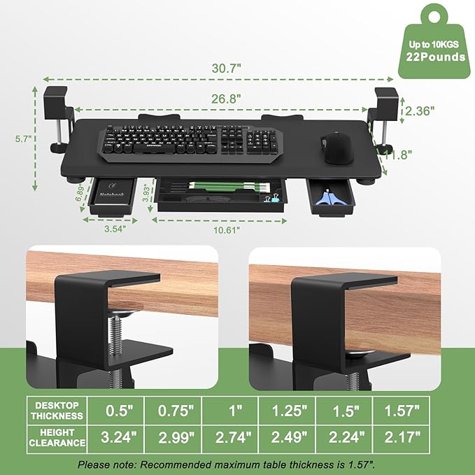Keyboard Tray Under Desk Slide Out with Drawer, 27"x 11.8" Large Size, Pull Out Desktop Extender Holder with Sturdy C-Clamp Mount for Home Office, Black
