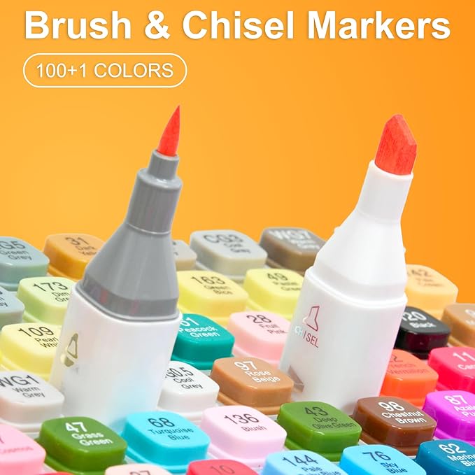 AnyMark Alcohol Markers Brush Tip, 100+1 Colors Dual Tip Brush & Chisel Alcohol-Based Art Markers Set with Case for Adult Artists Drawing Coloring