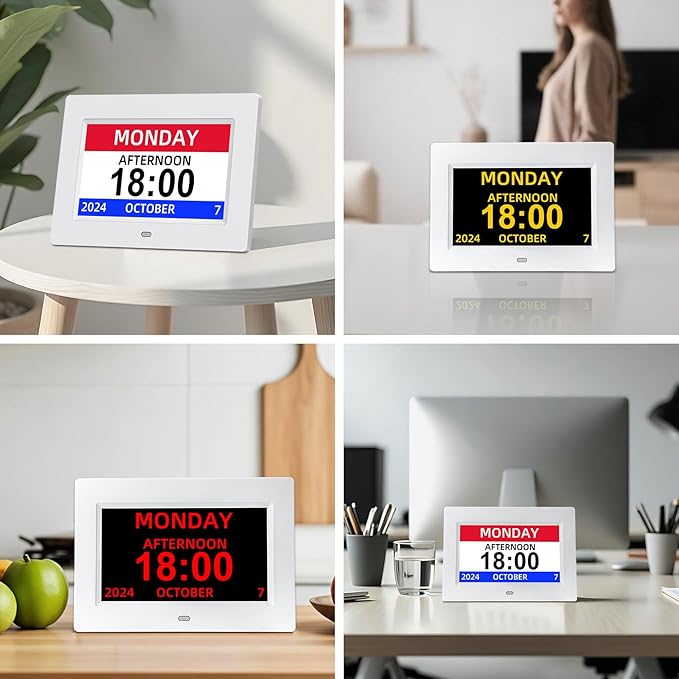 Digital Calendar Alarm Clock for Seniors - 7" Large Display with Day/Date, 12 Custom Alarms & Auto-Dimming | Medication Reminder, Dementia-Friendly Design, Easy Read (White)
