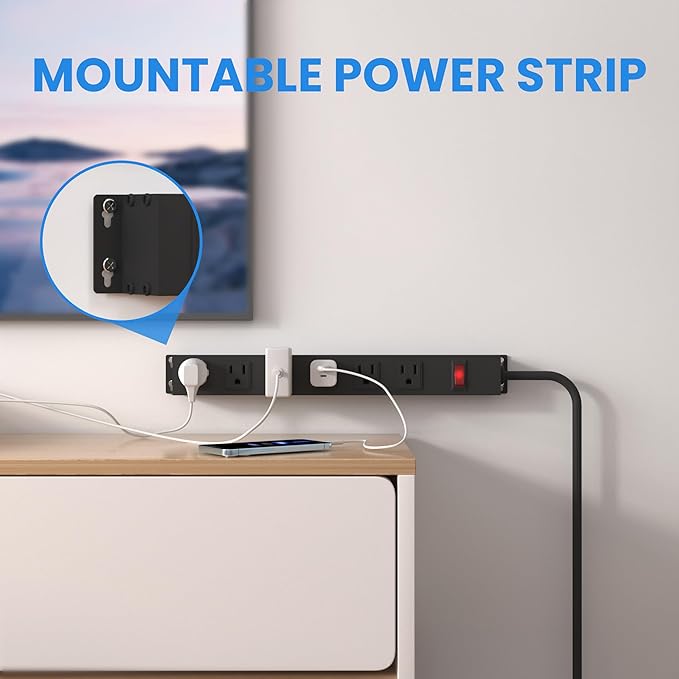 6 Outlet Power Strip with Wide Spaced and 10FT Power Cord,Wall Mount Metal Industrial Power Strip Heavy Duty for Commercial,Garage,School and Home,15A 125V 1875W,Black(10FT)