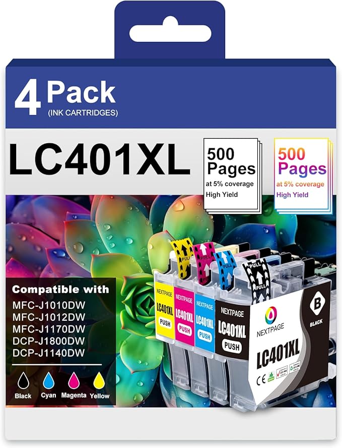 LC401XL MFC-J1010DW Ink Cartridges for Brother Printer LC401XL LC401 for MFC-J1010DW MFC-J1170DW MFC-J1012DW MFC-J1800DW MFC J1010DW - 4 Pack High Yields Black Cyan Magenta Yellow