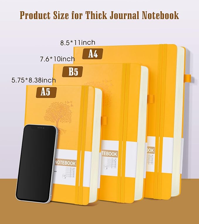 Lined Journal, 365 Pages A4 Large Hardcover Leather Notebook for Women Men, Daily Writing for Work, Note Taking, 100Gsm Thick Paper (8.5" x 11" Yellow)