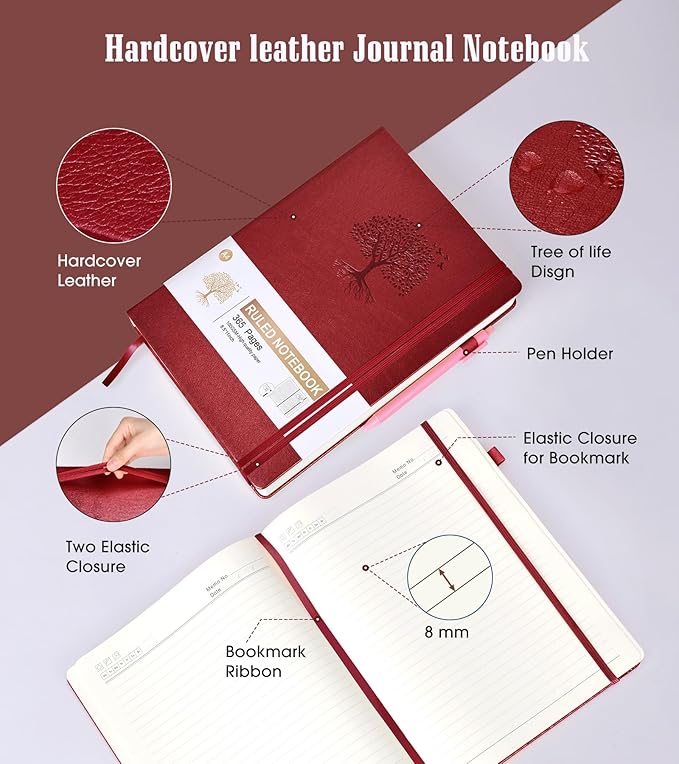 Lined Journal Notebook, 365 Pages A4 Big Journals for Writing College Ruled Notebook, Hardcover Leather Journal for Women Men, Daily Notebook for Work, Note Taking, 100Gsm Thick Paper(8.5" x 11"Wine)