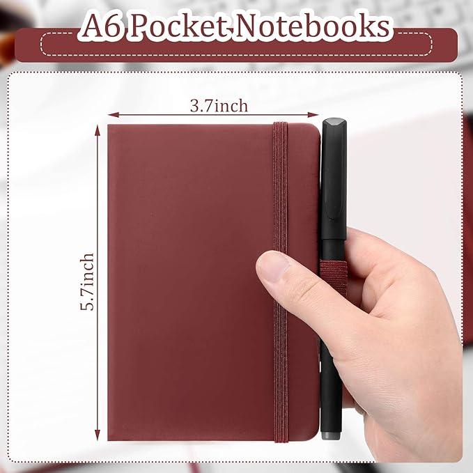 Laumoi Pocket Notebook Journals with Pens A6 Cute Small Journal Notebook Ruled Lined Mini Notepad Hardcover Executive Notebooks Set with Pen Holder for School Office, 3.7 x 5.7 Inch (Burgundy)
