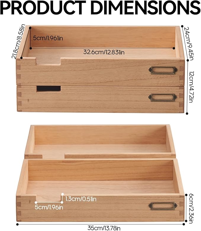 KIRIGEN Wood Desk Organizer Set of 2 Stackable Paper Tray Desktop Document Storage Wooden Letter Trays 2TTP-NA