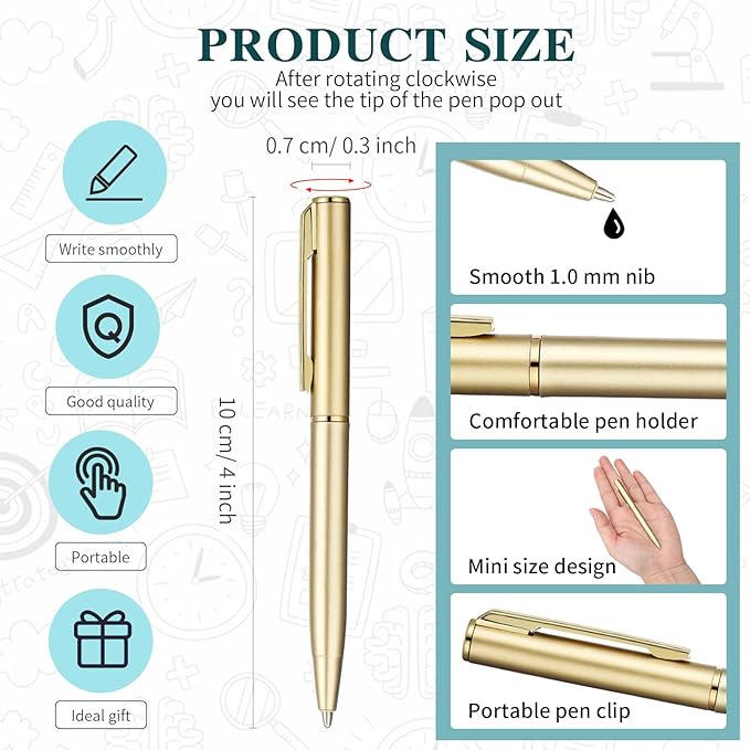 Teling 72 Pcs Small Ballpoint Pen Mini Pens Bulk 4 Inch Short Small Tiny Black Ink Ballpoint Writing Tool for Notebook Pockets Signature Notepads School Office(Gold,Classic Style)