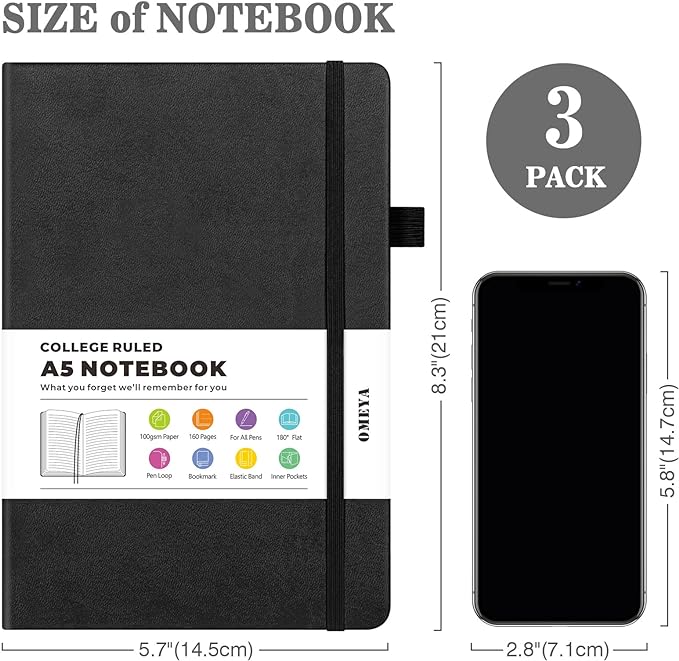 OMEYA Lined Journal Notebook, 3 Pack A5 College Ruled Notebooks for Work, Hardcover Notebook Each with 2 Pockets & Pen, Leather Journal for Women, Men, 160 Pages, 100GSM Thick Paper (Black)