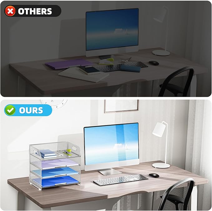 Marbrasse 4 Tier Paper Organizer Letter Tray - Mesh Desk File Organizer with Handle, Paper Sorter Organizer for Letter/A4 Office File Folder Holder (Silver, 12.6" x 9.1" x 10.7")