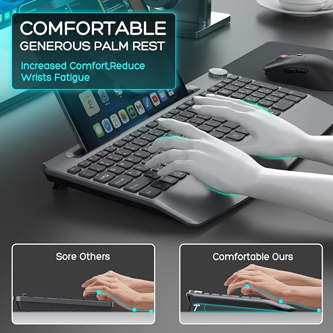 Ergonomic Wireless Keyboard and Mouse with Wrist Rest，Phone Holder - 2.4GHz Full-Sized Low-Profile Quiet Wireless Mouse and Keyboard Combo for Computer, Laptop, PC, Mac-Grey