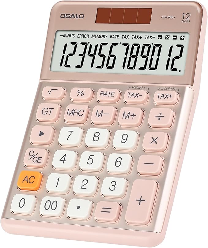 Pendancy Office Small Calculator Desktop with Tax+/- for Tax Calculation, 12 Digit Large LCD Display, Solar Battery Power, Durable Portable Design, Financial Accounting Business Home Use(OS-200T-Pink)