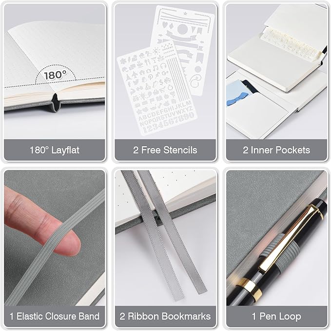 Bullet Dotted Journal Notebook 3 Pack, A5 Dotted Journal with 120gsm Paper, Leather Dotted Notebook, Hardcover Dot Grid Notebook Each with 156 Nmubered Pages, Dot Journal for Women, Men 5.75" × 8.38"