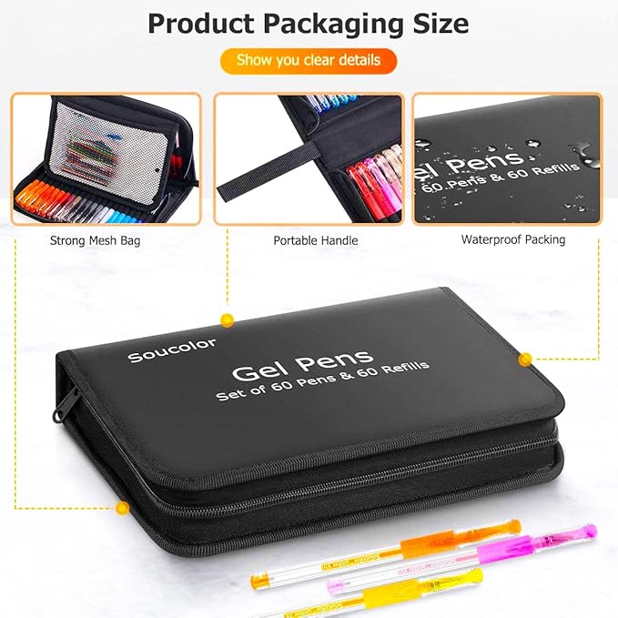 Soucolor Glitter Gel Pens for Adult Coloring Books, Back to School Supplies, 120 Pack-60 Glitter Pens, 60 Refills and Travel Case, 40% More Ink Markers Set for Drawing Doodling Journaling Art Supplies