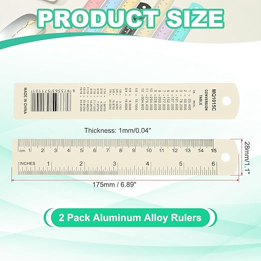 PATIKIL 15cm/6" Metal Ruler, 2 Pack Aluminum Alloy Rulers with Centimeters, Millimeters, Inches and Conversion Table Straight Edge Ruler for Writing Machinist Drafting, Beige
