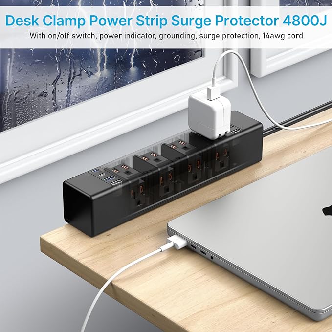 CCCEI Desk Outlet Station 45W USB C Port. 12 Outlet Desktop Clamp Power Strip Surge Protector 4800J with Switch. Nightstand Office Standing Desk Accessories, Fit Thicker Table Edge or Screw Mount, 6FT