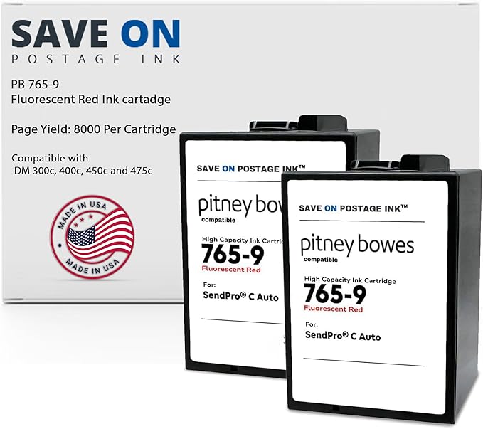 Save On Postage Ink 765-9 Compatible PB 765-9 SendPro MailStation Postage Meter Ink - Compatible PB Postage Meter Ink Cartridge for DM 300c, 400c, 450c and 475c | 2 Pack