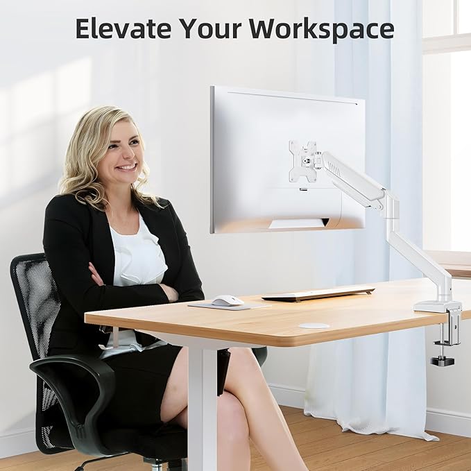 Monitor Arm for 13-32 inch Screens, Monitor Desk Mount, Adjustable Height, VESA Mount with Clamp & Grommet Bases, Freelift White