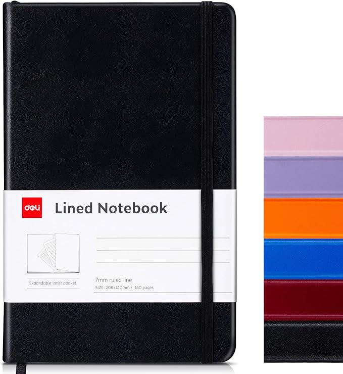 deli A5 Lined Journal Notebook, 160 Pages Hardcover Writing Notebook, 5.5"x8.2" College Ruled Notebook for Office, School, Work Notes (Black)
