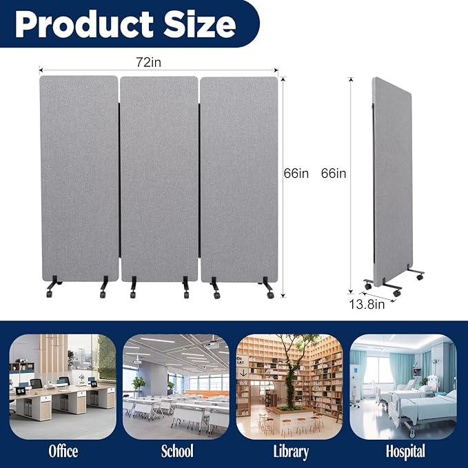 Sound Proof Dividers w/Wheels, Portable Office Wall Divider for Room Partition, Soundproof Room Divider Privacy Panel Partition Cubicle Wall Rolling Temporary Wall for Office