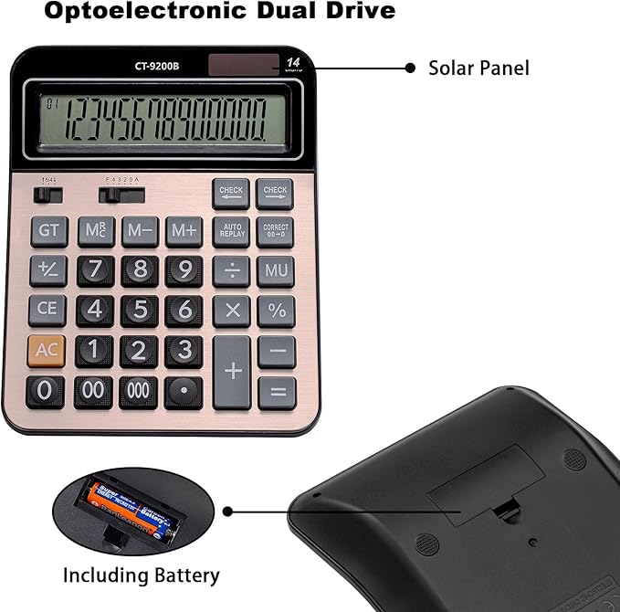 Large Computer Electronic Calculator Counter Solar & Battery Power 14 Digit Display Multi-Functional Big Button for Business Office School Calculating (HY-9200B)
