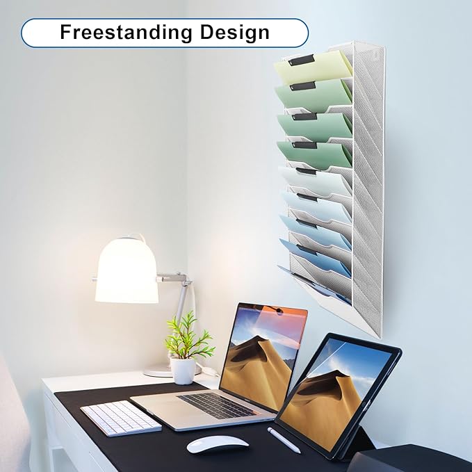 EASEPRES 10 Pocket Mesh Hanging Wall File Organizer, Wall Mounted Mail Paper Document Folder Holder, Clipboard Storage Organization Magazine Rack with Nametag Label for Office Home School, White