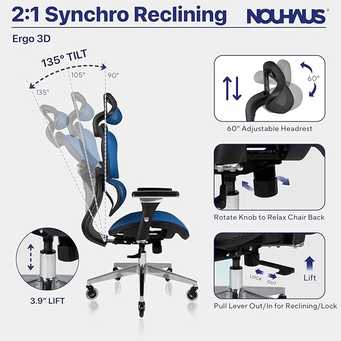 Nouhaus Ergo3D Ergonomic Office Chair Lumbar Support Mesh Office Chair with 4D Adjustable Armrest, Adjustable Headrest and Wheels, Mesh High Back Home Office Desk Chairs(Blue)