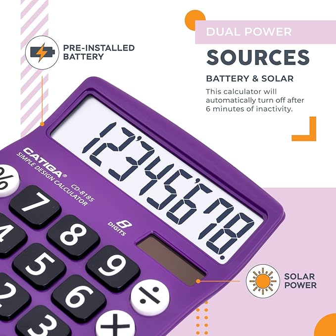 CATIGA Desktop Calculator 8 Digit with Solar Power and Easy to Read LCD Display, Big Buttons, for Home, Office, School, Class and Business, 4 Function Small Basic Calculators for Desk, CD-8185