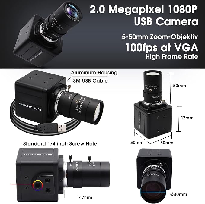 SVPRO HD USB Camera 1080P with 5-50mm Zoom Lens,10X Optical Zoom USB Web Camera Manual Focus with CMOS OV2710 Sensor,High Speed 100fps/60pfs/30fps Video Camera for PC Computer,Laptop