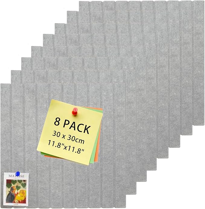 KEYIDE 8Pack 12"x12" Bulletin Boards for Walls, Push Pin Board for Office, Cork Board Alternative for Office, School Slat Wall Paneling (Grey)