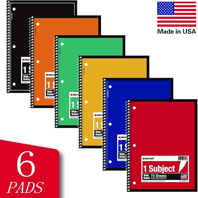 KAISA 1-Subject Wirebound Notebook Spiral Note Book, 8x10.5inch Wide Ruled 70sheets/pad Wire Notebooks Office School Supplies for Students Office, Pack of 6Pads, S07001W