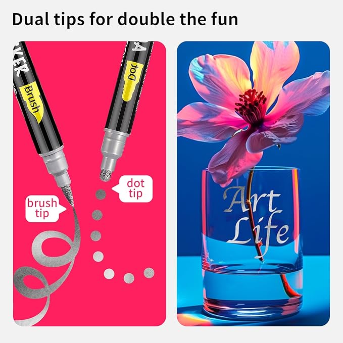 NAWOD 3 Silver Acrylic Paint Pens Markers, Dual Tip (Dot + Brush Tip), for Rock Painting Fabric Canvas Glass Wood Ceramic Paper Eggs, Fabric Marker Ideal for Labeling DIY Crafts Art Projects