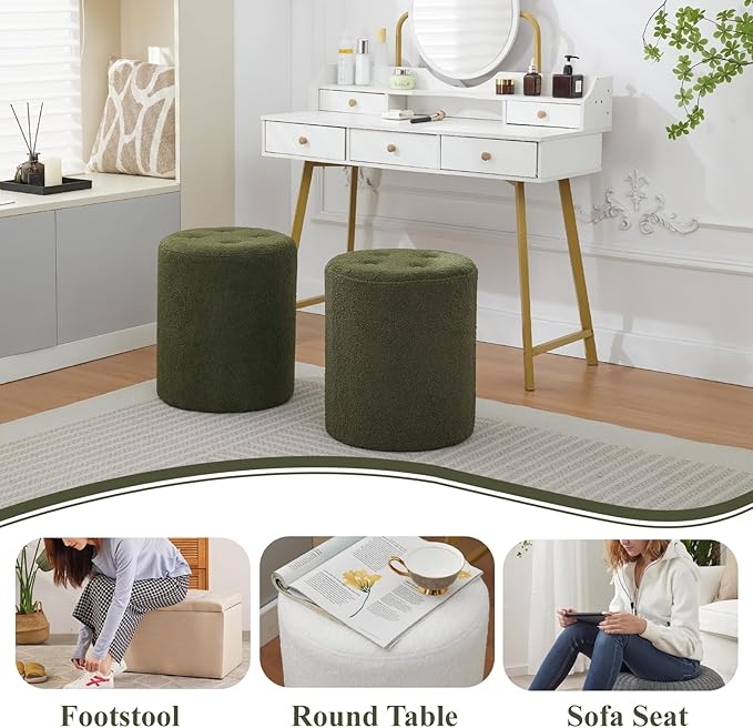 Modern Round Ottoman, Button-Tufted Foot Stool Ottoman, Teddy Fleece Upholstered Vanity Stool for Makeup, Bedroom, Living Room, Dark Green