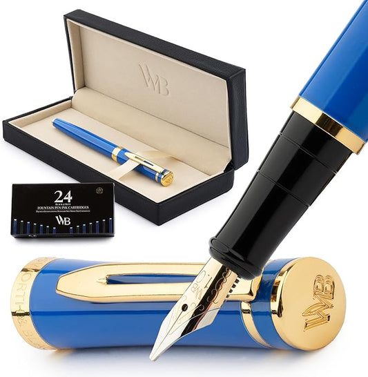 Wordsworth & Black Fountain Pen Set, 18K Gilded Broad Nib, Includes 24 Pack Ink Cartridges, Ink Refill Converter & Gift Box, Gold Finish, Calligraphy, [Imperial Blue], Perfect for Men & Women