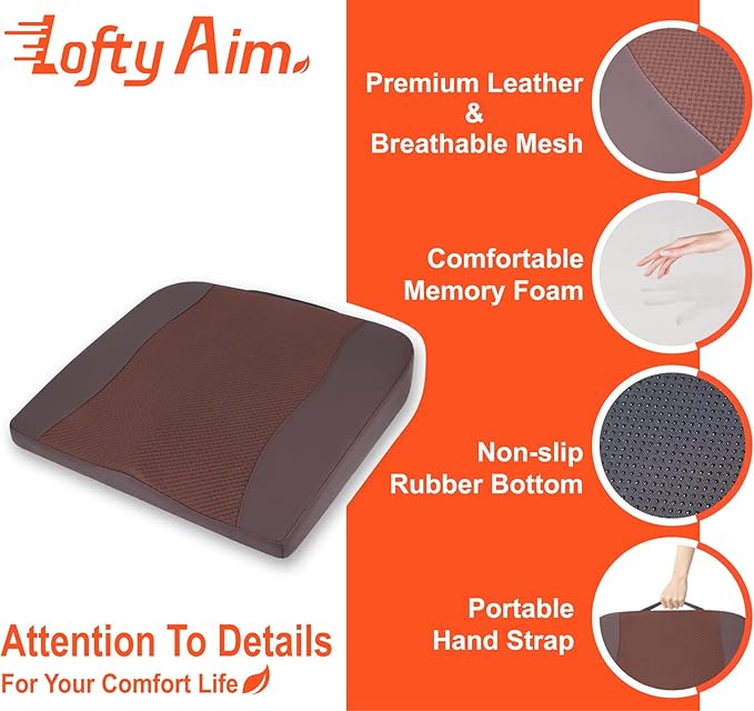 Car Seat Cushion, Comfort Memory Foam Car Cushions for Driving - Sciatica & Lower Back Pain Relief, Driver Seat Pillow for Auto, Office Chair, Wheelchair - Brown