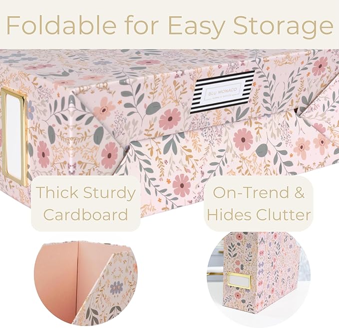 BLU MONACO Foldable Magazine File Set of 4 with Floral Boho Design – Decorative Cardboard Magazine Organizer for Home, Office & Dorm Room – Artistic Magazine Storage Solution