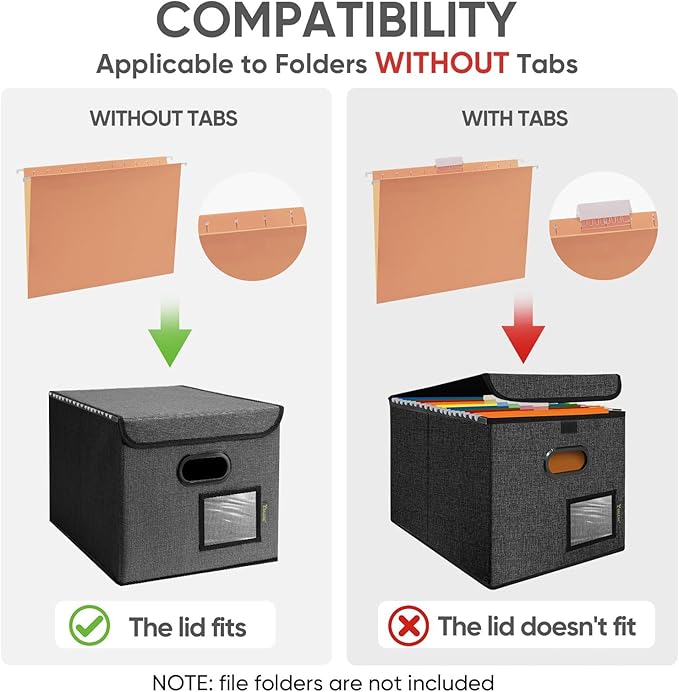 BALEINE File Organizer Box with Lid, Collapsible File Folder Organizer with Plastic Slide, Hanging File Folder Box for Office Document Storage (2 Pack, Black)