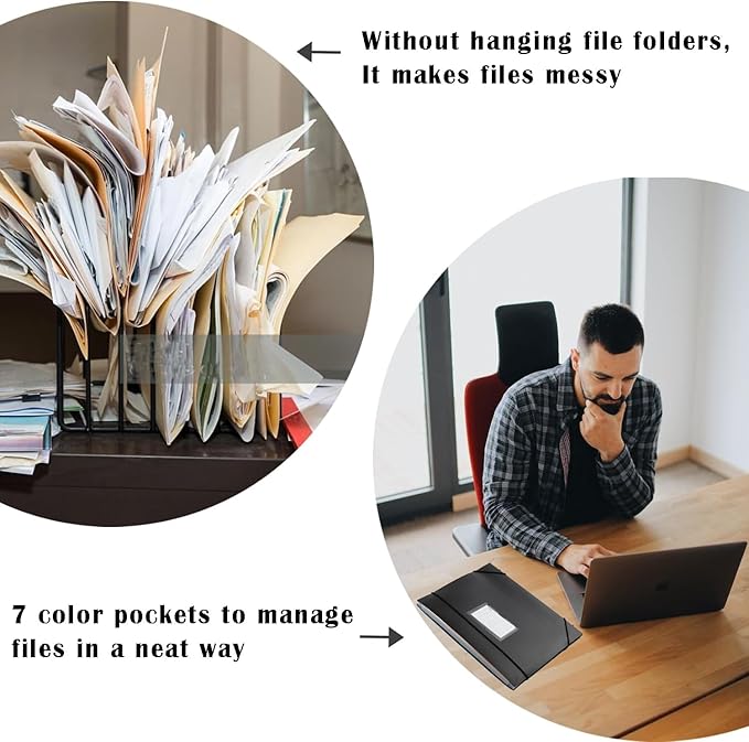 TRANBO 7-Pockets Hanging File Folder with Retractable Hooks for Filing Cabinet, Letter Size Expandable Accordion File Organizer with Elastic Band for File Frame or On-The-Go Use (1 Pack)