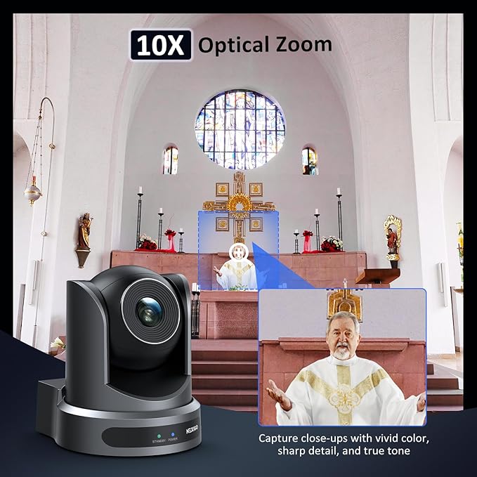 NexiGo Conference Room PTZ Camera System with 10X Optical Zoom, Remote Control, USB Output & Autofocus for Live Streaming, Meetings, Church Services, Education, for OBS/Zoom/Skype | Easy Setup