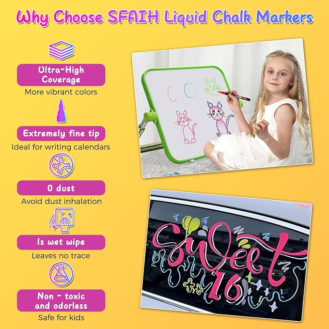 SFAIH Fine Tip Liquid Chalk Markers for Bhalkboard [1-Second Wet Wipe], 0.7-1mm 30 Colors [Neon+Pastel+Metallic], Chalk Pens for Chalkboard, Calendar, Windows, Glass, Includes Highlighter Color Marker