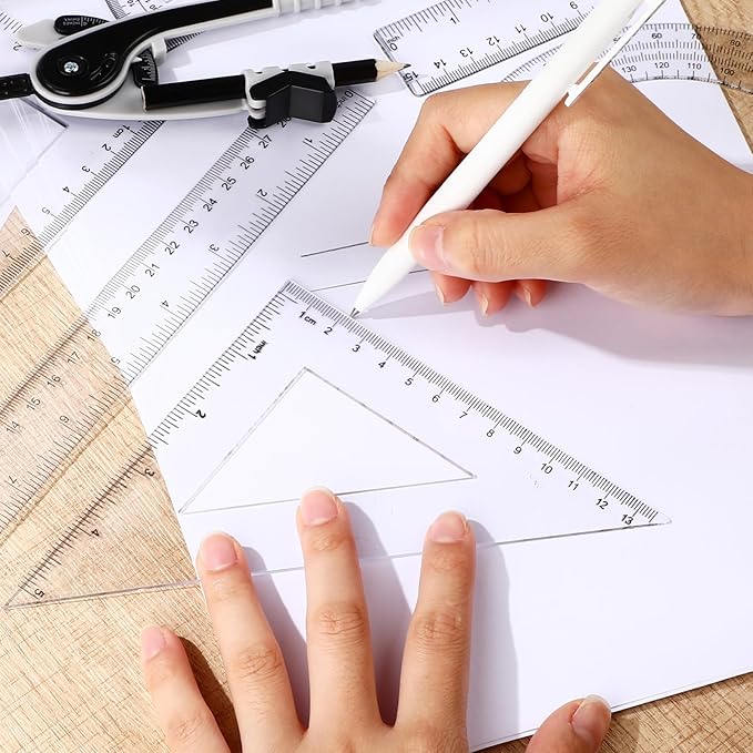Zonon 1 Set Plastic Geometry Math Set 7 Pcs Includes 6'' / 4 '' Protractor, Drawing Compass, 45/60 Degree Triangle Rulers, 12'' / 6'' Math Ruler Transparent for Office Supplies(Clear)