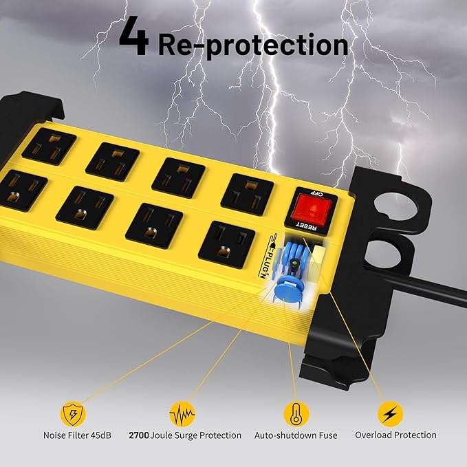 Plug'n 8 Outlet Heavy Duty Power Strip,Wide Spacing,Workshop Surge Protector 2700J with 6FT Extension Cord,Industrial Metal Power Strip 15Amp,Yellow Wall Mount Power for Garage,Office